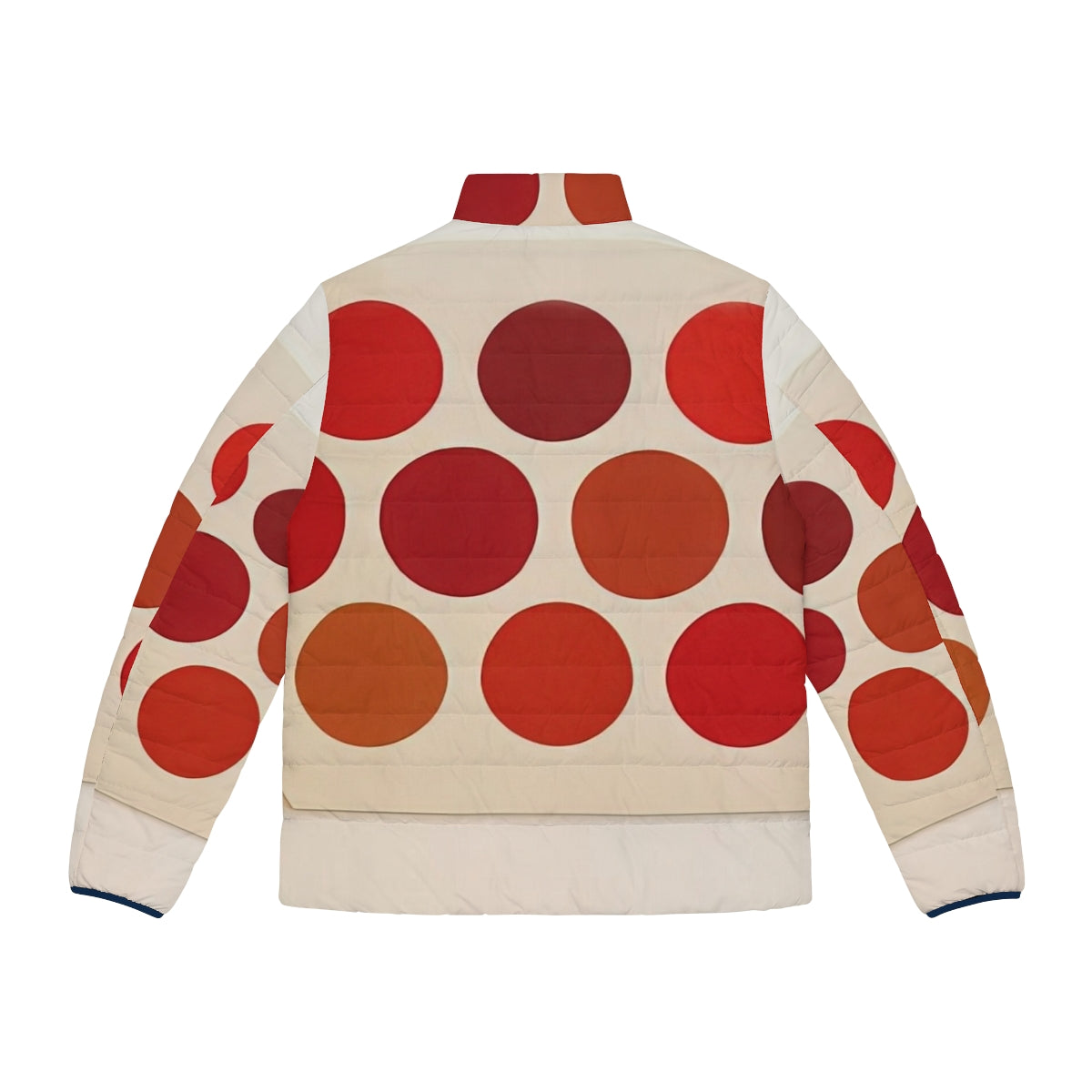 Red puffer jacket with vibrant dot patterns, designed by American artist Thomas Downing - Back