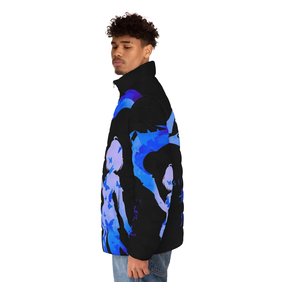 Blue puffer jacket with anime-style butterflies - men side left