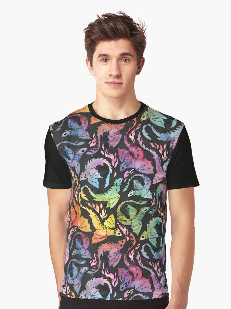 Dark rainbow dragon fire graphic t-shirt with a mythical, watercolor design - Men