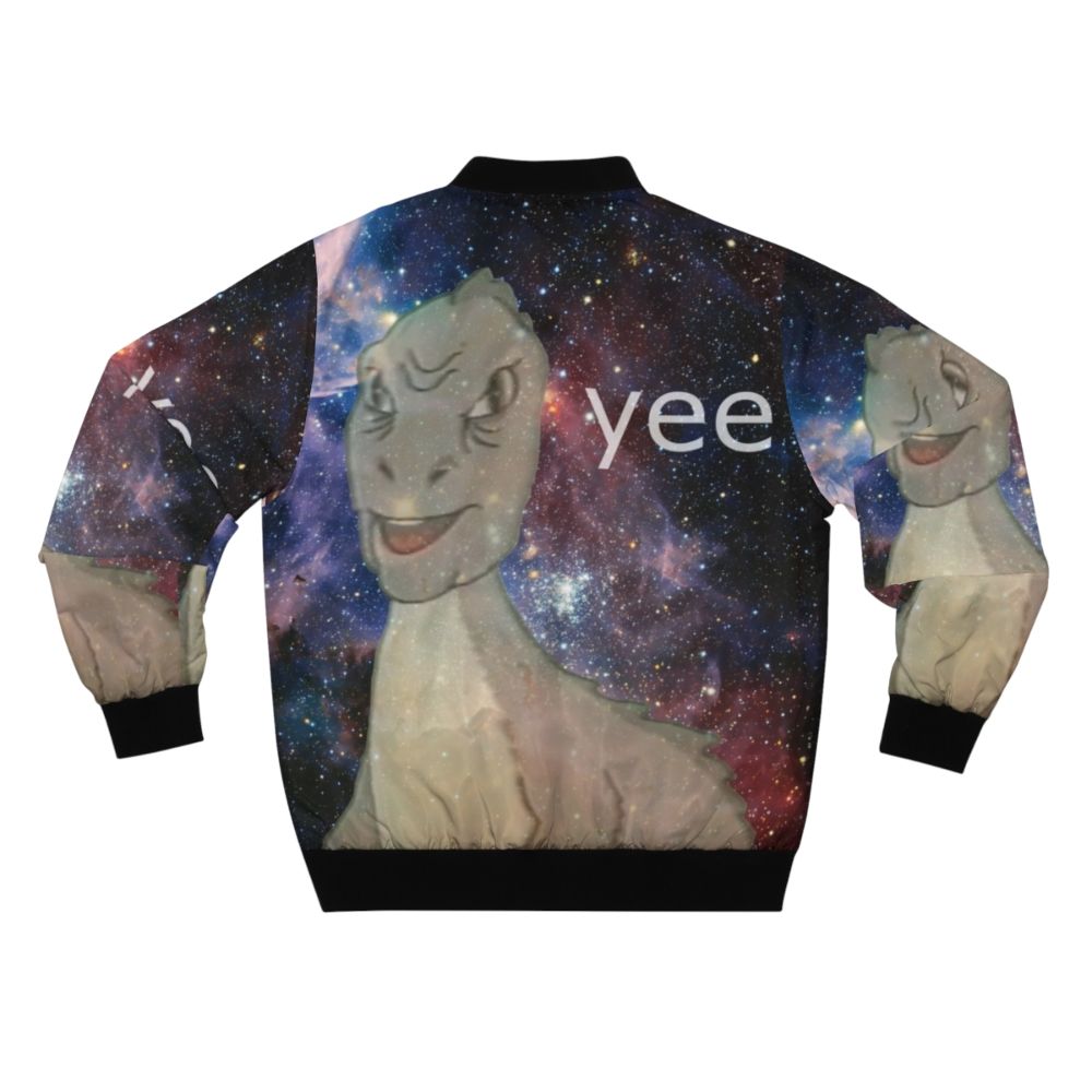 Cosmic Dinosaur Bomber Jacket with Vintage Prehistoric Meme Design - Back