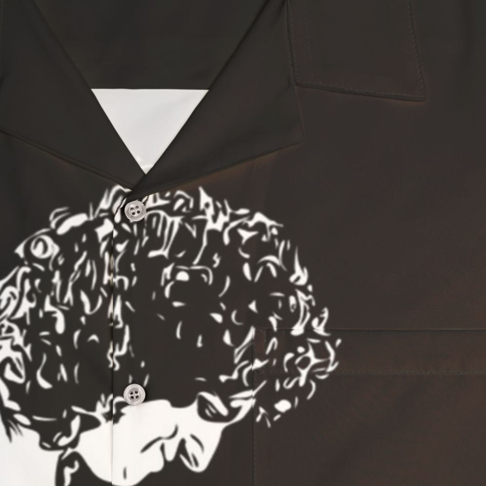 Brian May wearing a Hawaiian shirt with the Queen band logo - Detail