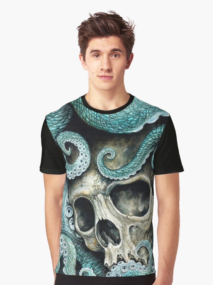 Graphic t-shirt featuring a skull and octopus design with the text "Please Love, Don't Die So Far from the Sea" - Men