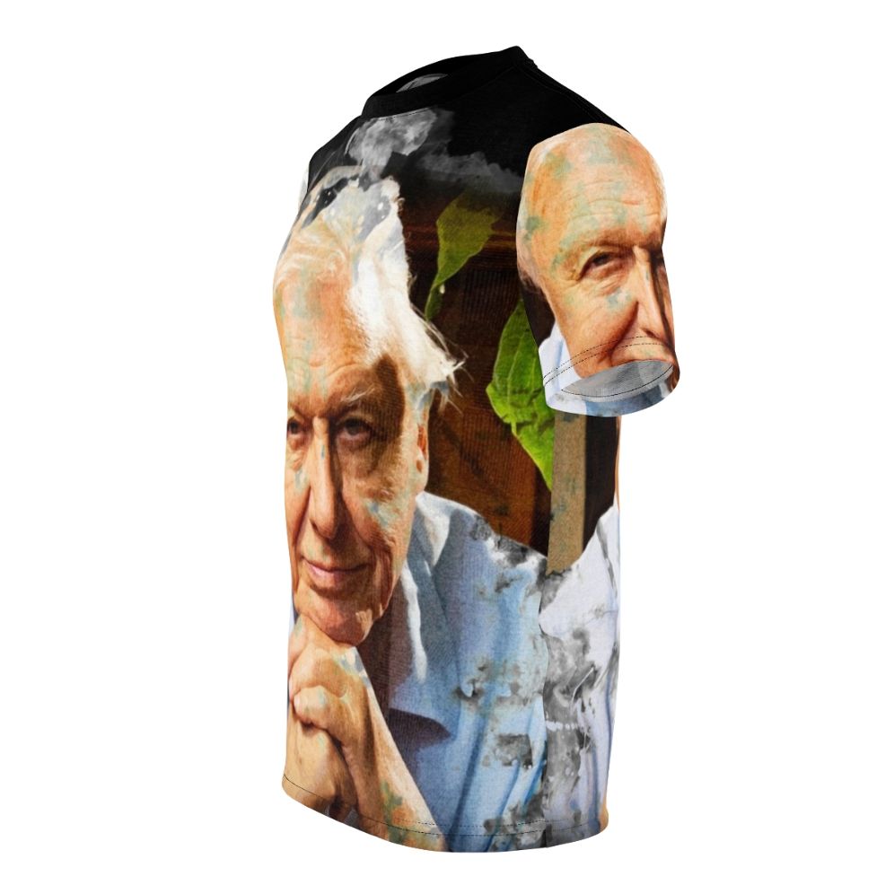 Watercolor portrait of David Attenborough, renowned naturalist and wildlife documentary presenter, on a t-shirt. - men left