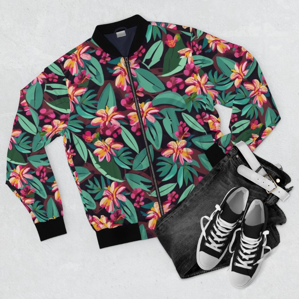 Dark Hawaiian flowers floral pattern bomber jacket - Flat lay