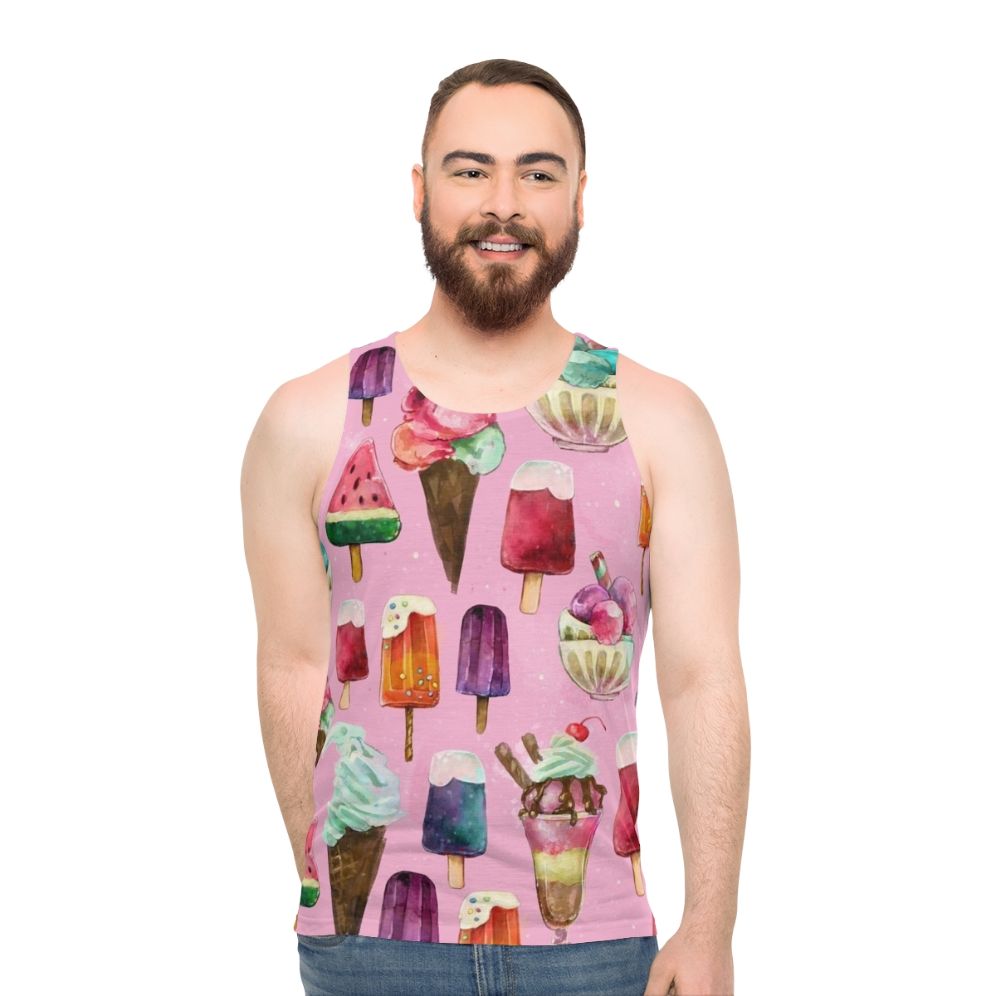 Model wearing an ice cream pattern unisex tank top - men