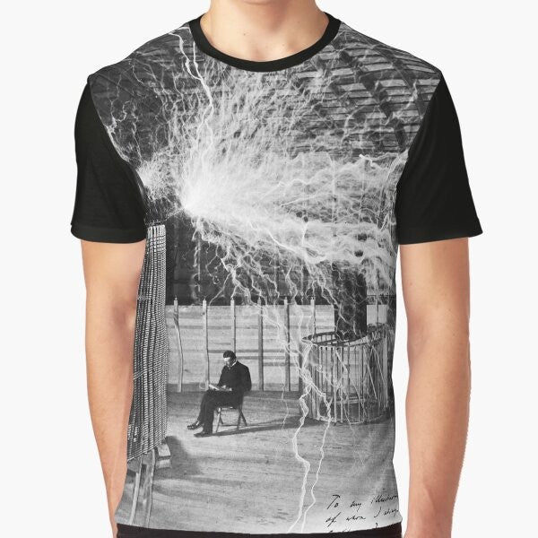 Nikola Tesla Lightning Graphic T-Shirt featuring an illustration of tesla coil and lightning bolt