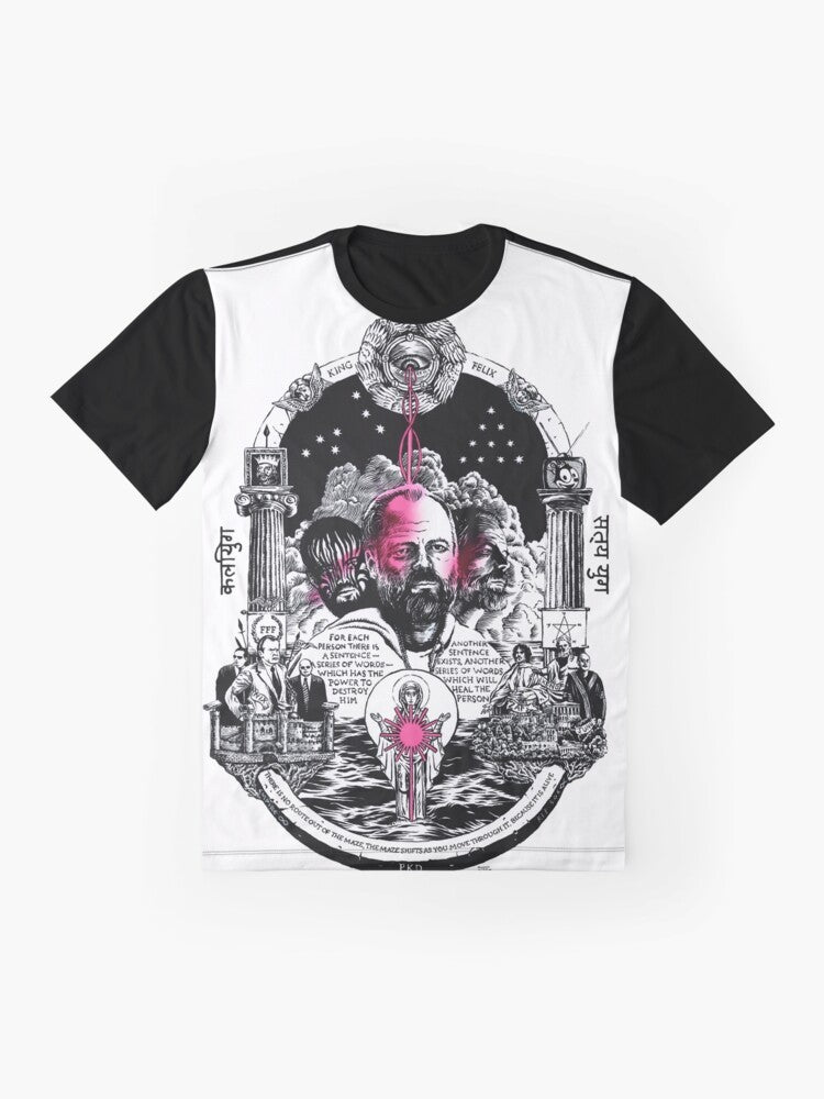 Monochrome graphic t-shirt featuring the VALIS system from the works of Philip K. Dick - Flat lay