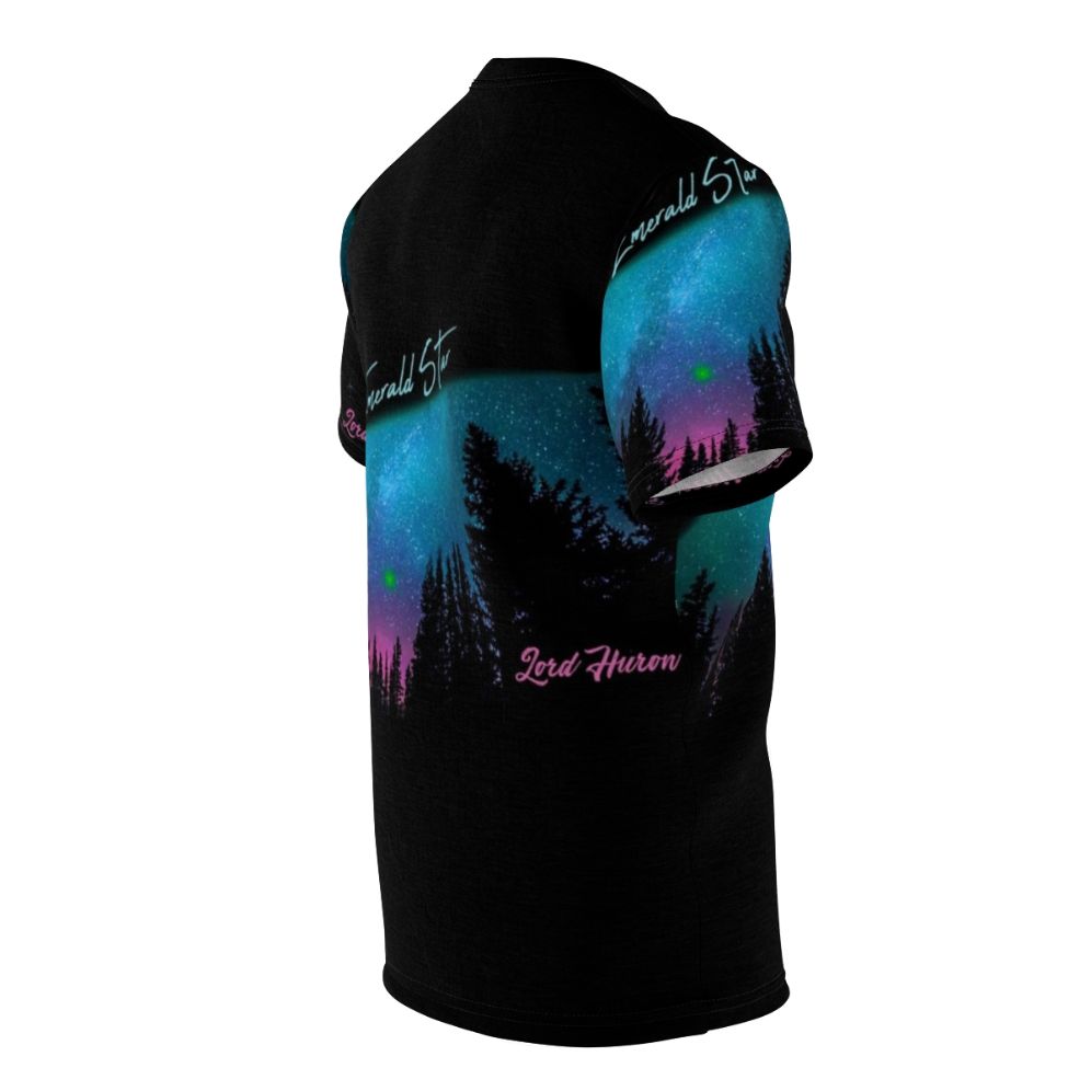 A stylish t-shirt featuring a cosmic galaxy silhouette design, inspired by the music of Lord Huron. - men right