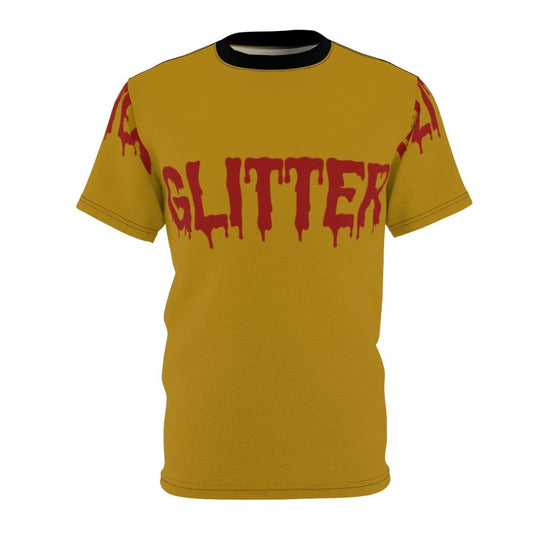 Goth glitter blood typography design on a black t-shirt for metalheads and dark fashion enthusiasts