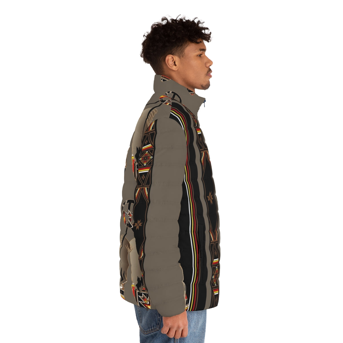 Model wearing a colorful puffer jacket featuring native american inspired designs and patterns - men side right