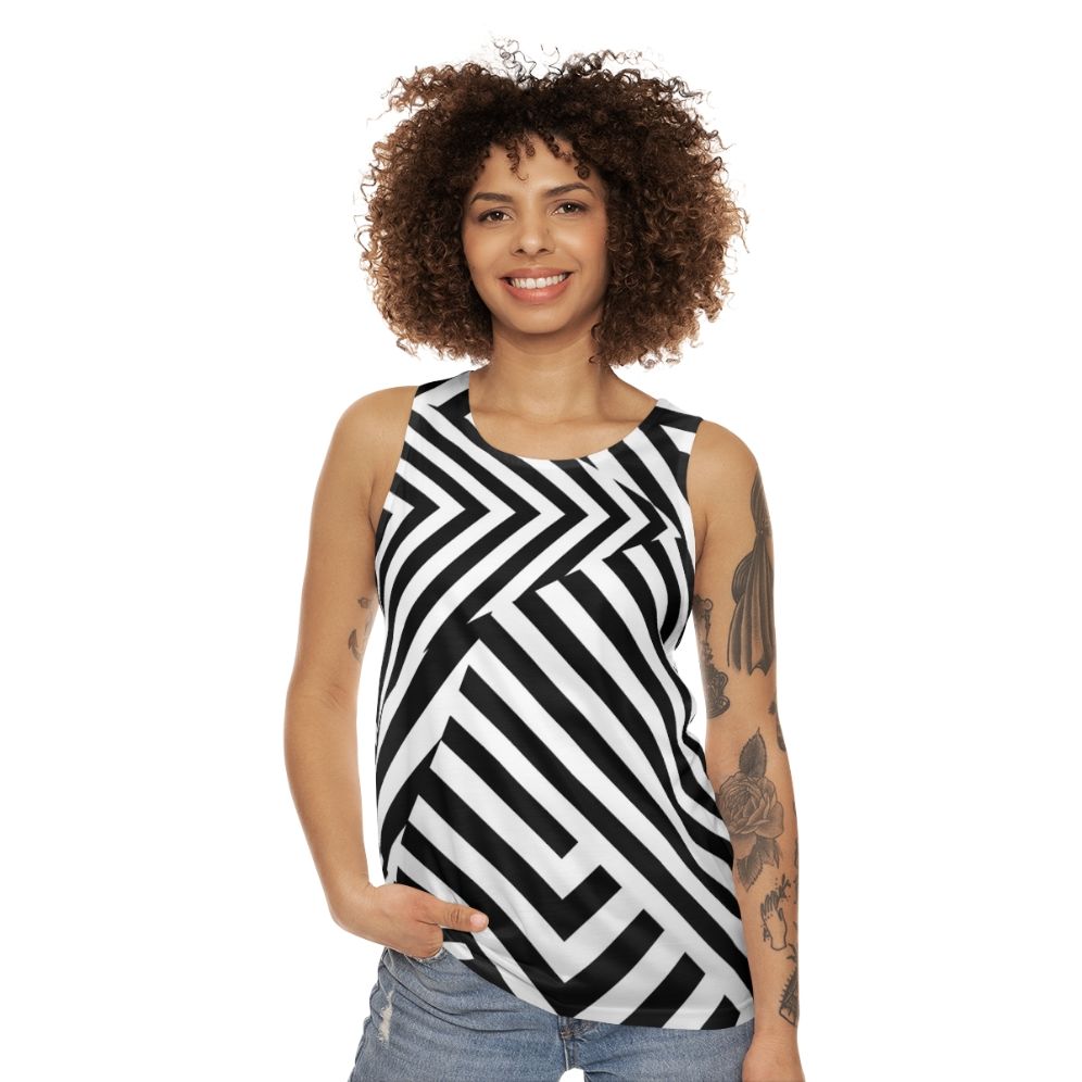 Monochrome graphic unisex tank top with optical illusion camouflage design - women