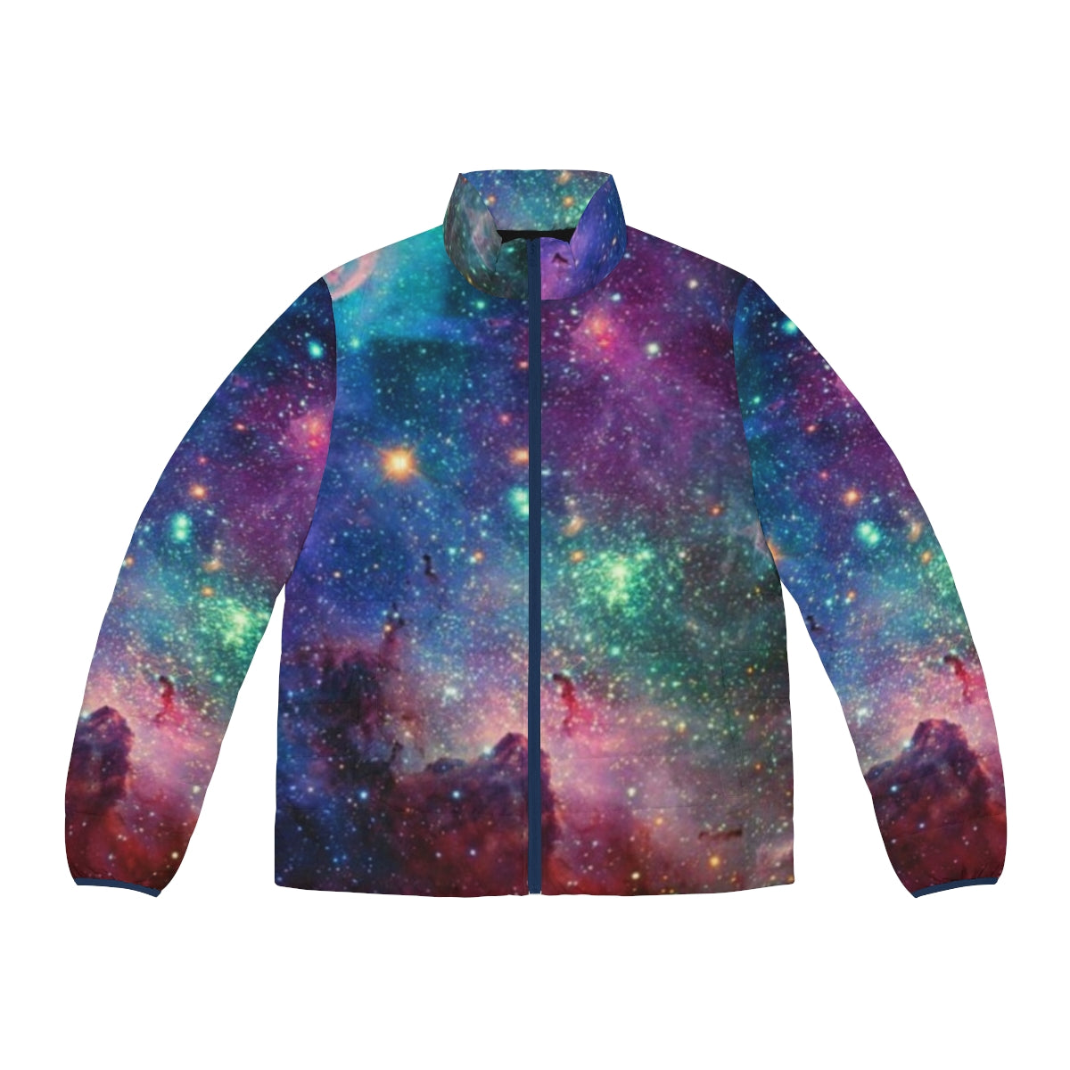 Galaxy puffer jacket with cosmic pattern and celestial design