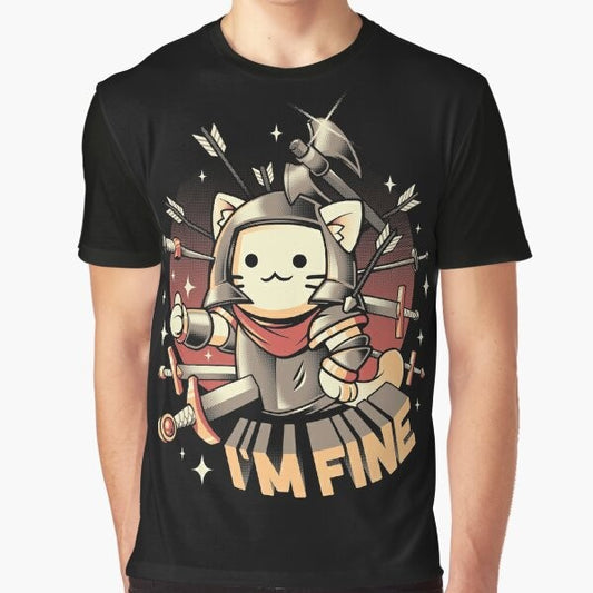 Graphic "I'm Fine" cat t-shirt with a medieval knight cat wielding a sword