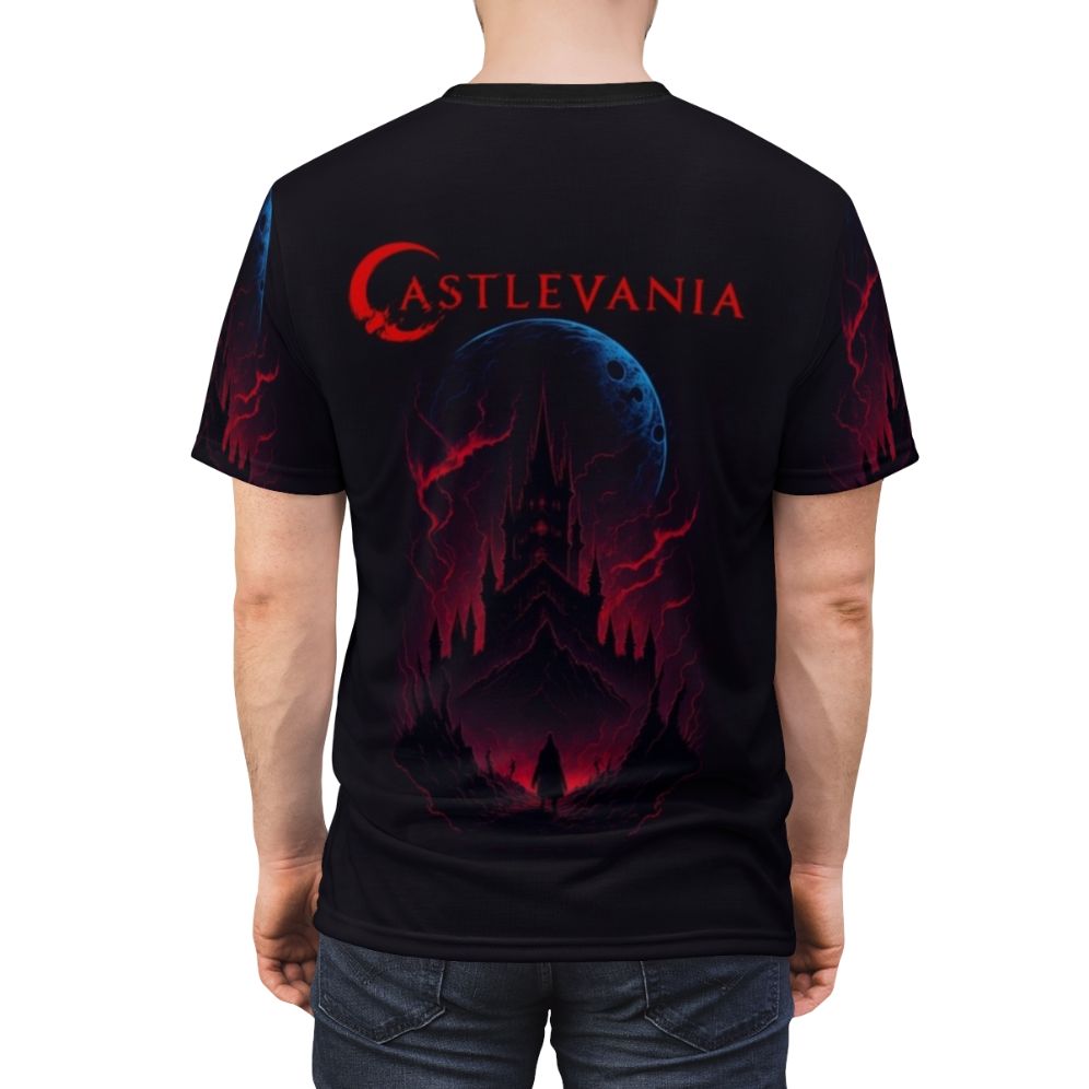 A chilling Castlevania-inspired horror design T-shirt featuring imagery and characters from the Netflix Castlevania anime series. - men back