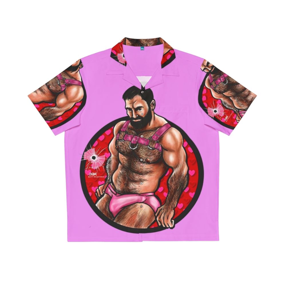 Bearded muscle bear wearing a Hawaiian shirt with a Valentine's Day theme