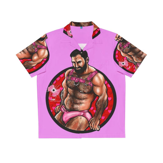 Bearded muscle bear wearing a Hawaiian shirt with a Valentine's Day theme