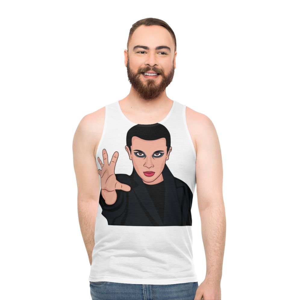 Eleven from Stranger Things wearing a retro-style tank top - men