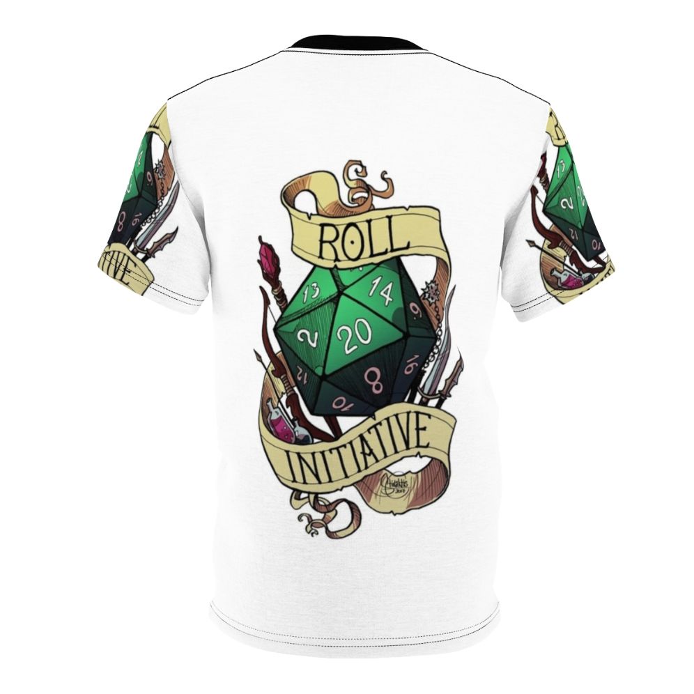 A t-shirt featuring a dice roll graphic, perfect for fans of Dungeons and Dragons and other tabletop roleplaying games. - Back