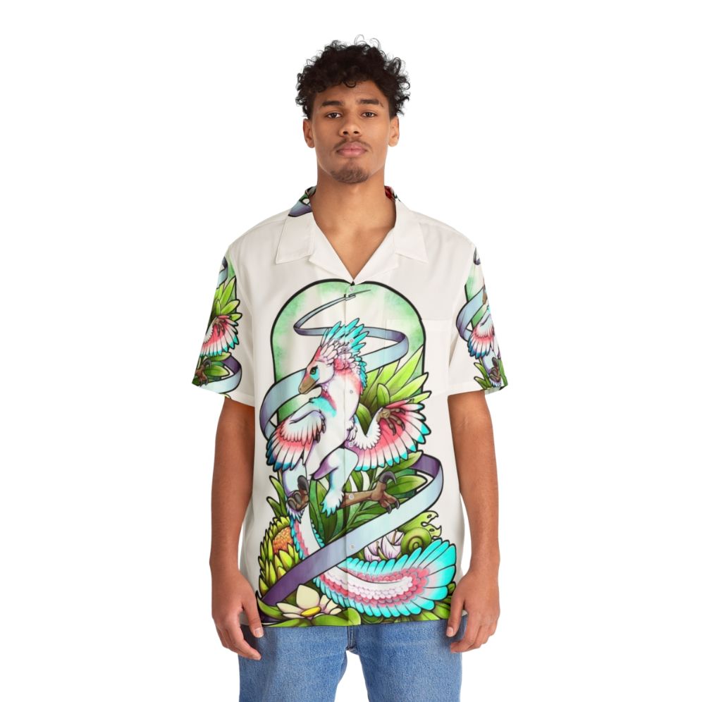 Sylveraptor Raptor Hawaiian Shirt with Dinosaur and Forest Foliage Design - People Front