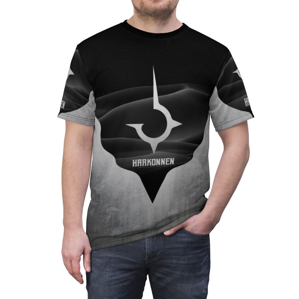 Dune Harkonnen Inspired Titanium AOP T-shirt with desert and sci-fi graphics - men front