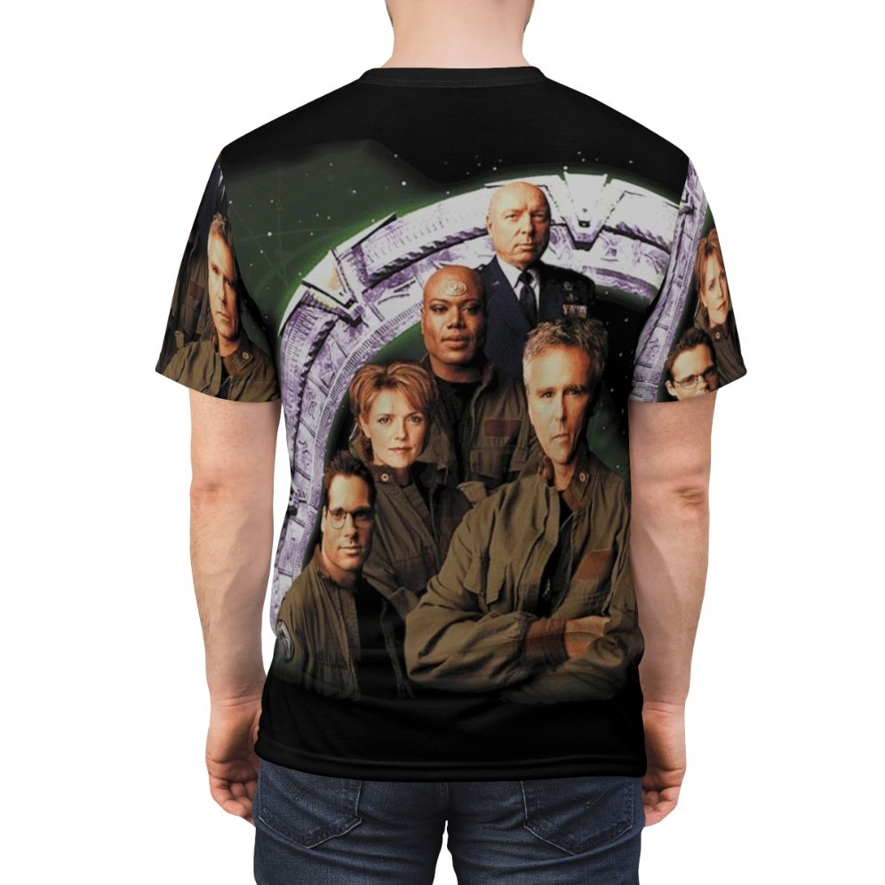 Stargate SG-1 inspired t-shirt design featuring iconic characters and symbols from the sci-fi franchise. - men back