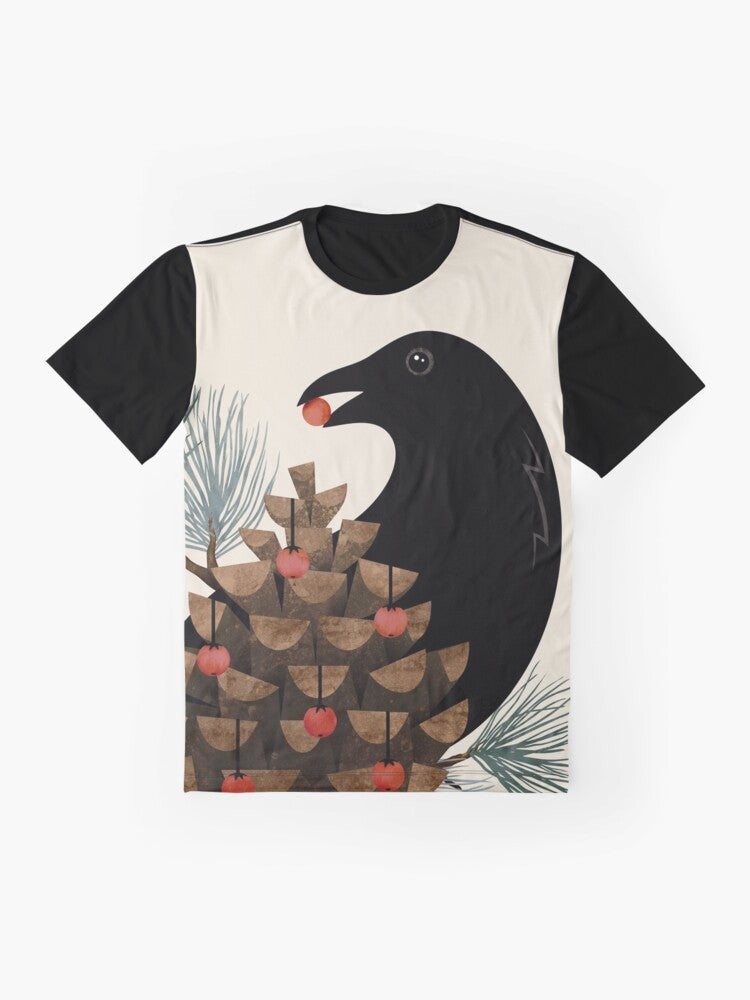 Elegant watercolor graphic t-shirt featuring a bird silhouette design with pine branches and berries, perfect for winter and nature lovers. - Flat lay