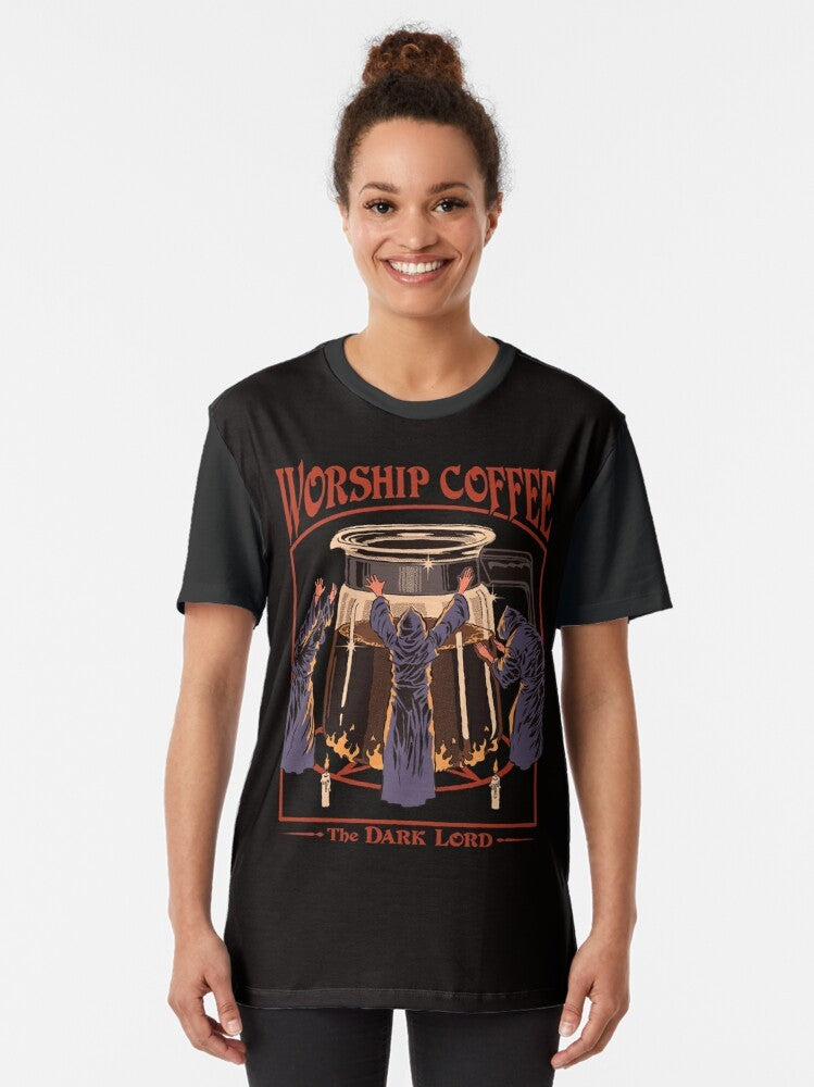 Vintage-style "Worship Coffee" graphic t-shirt design featuring a cult-like coffee ritual - Women