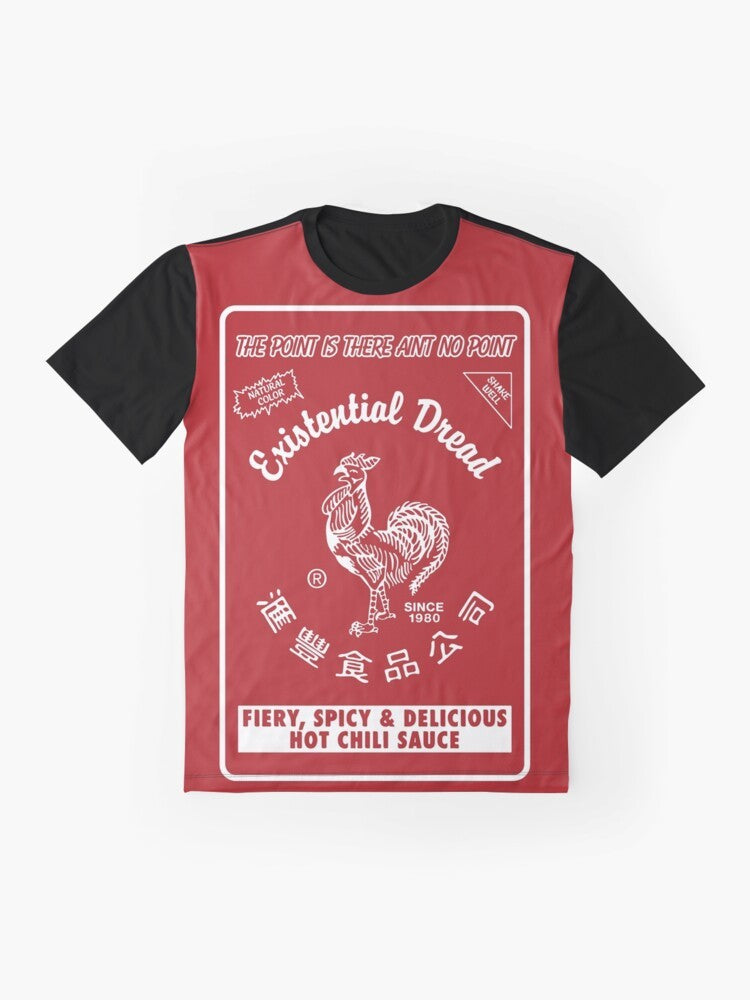 Retro vintage graphic t-shirt with existential dread and hot sauce design - Flat lay