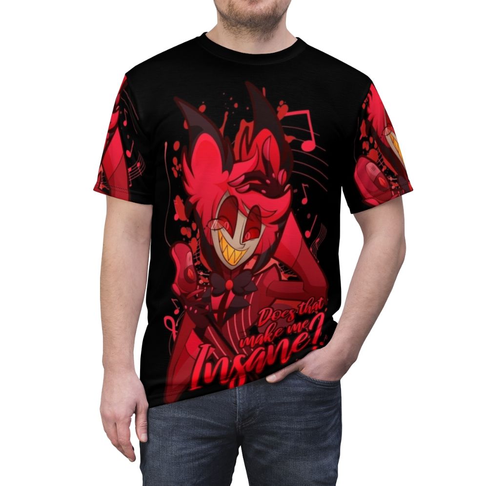 Hellish red graphic tee with Alastor the Radio Demon from the Hazbin Hotel cartoon series - men front