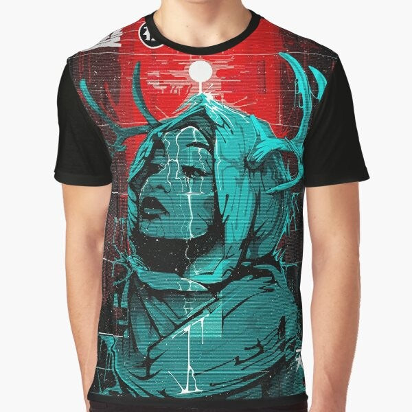 Cyberpunk glitch-inspired urban style graphic t-shirt featuring a futuristic, minimalist design