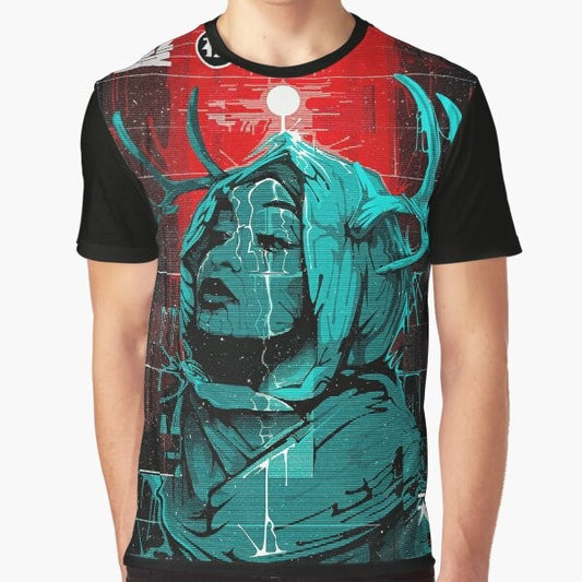 Cyberpunk glitch-inspired urban style graphic t-shirt featuring a futuristic, minimalist design