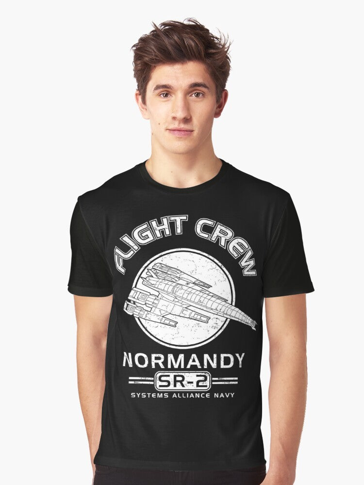 Mass Effect Normandy SR2 graphic t-shirt featuring the iconic spaceship from the popular sci-fi video game series. - Men