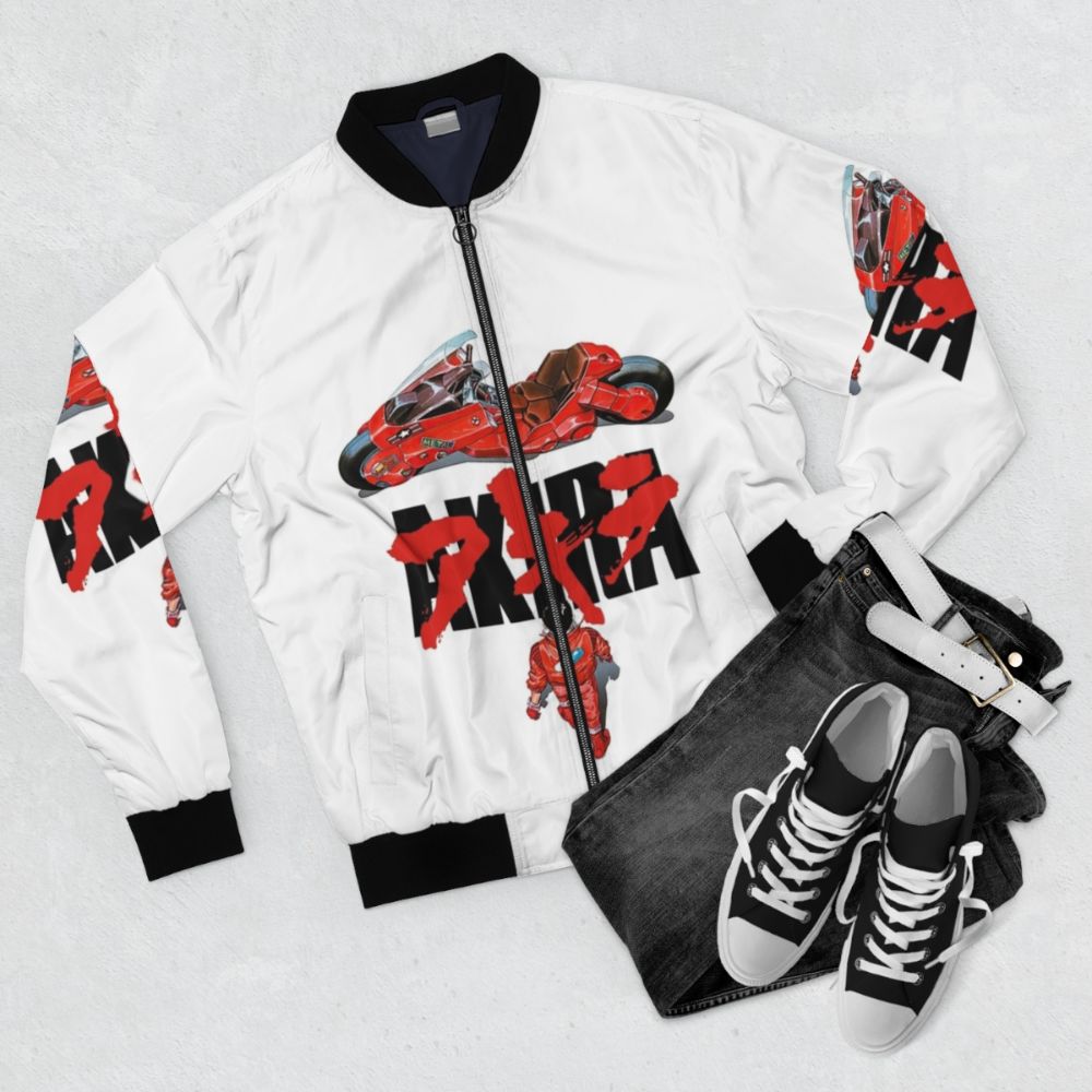 Akira anime Japan retro bomber jacket with cyberpunk and manga inspired design - Flat lay