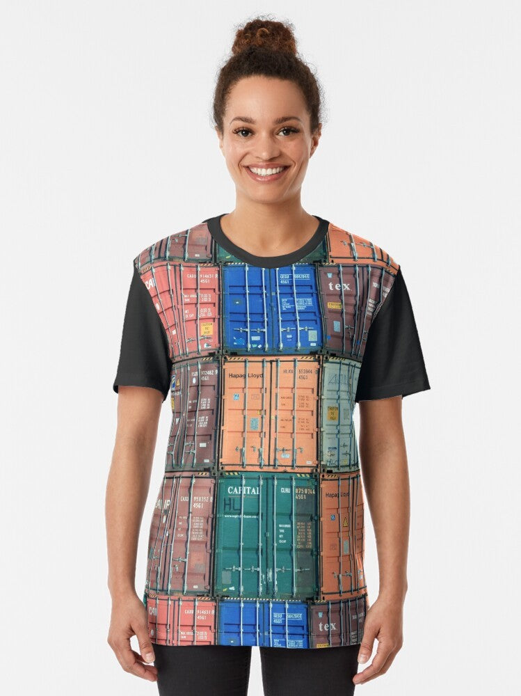 A graphic t-shirt design featuring the phrase "For the Love of Shipping Containers" with shipping containers in the background. - Women