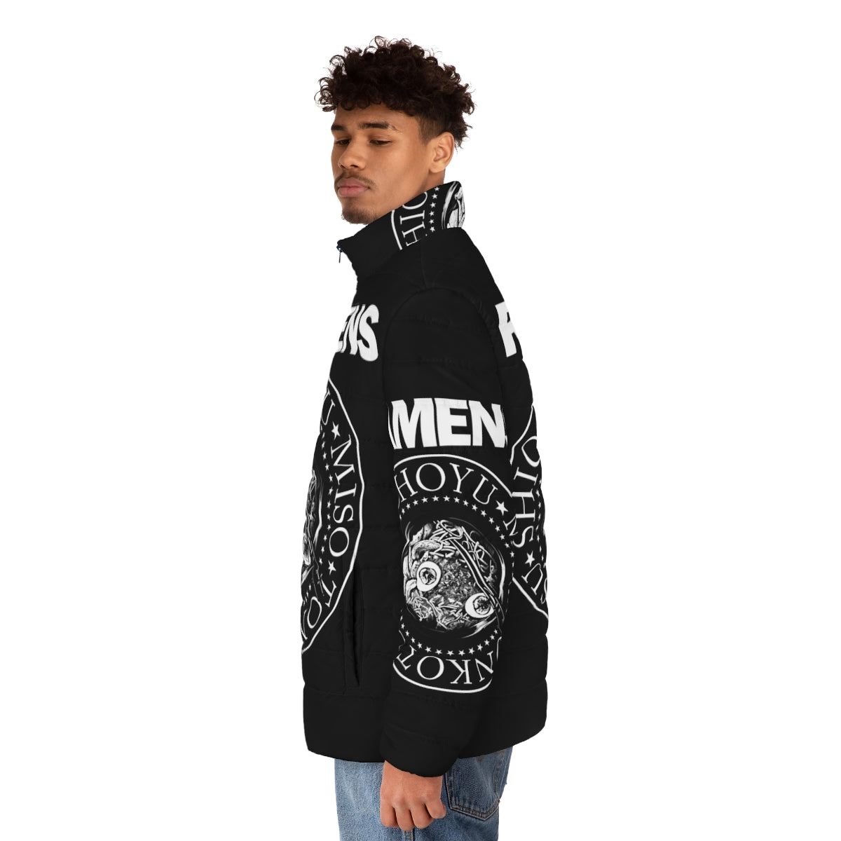 Retro ramen noodle punk rock music puffer jacket - men side left