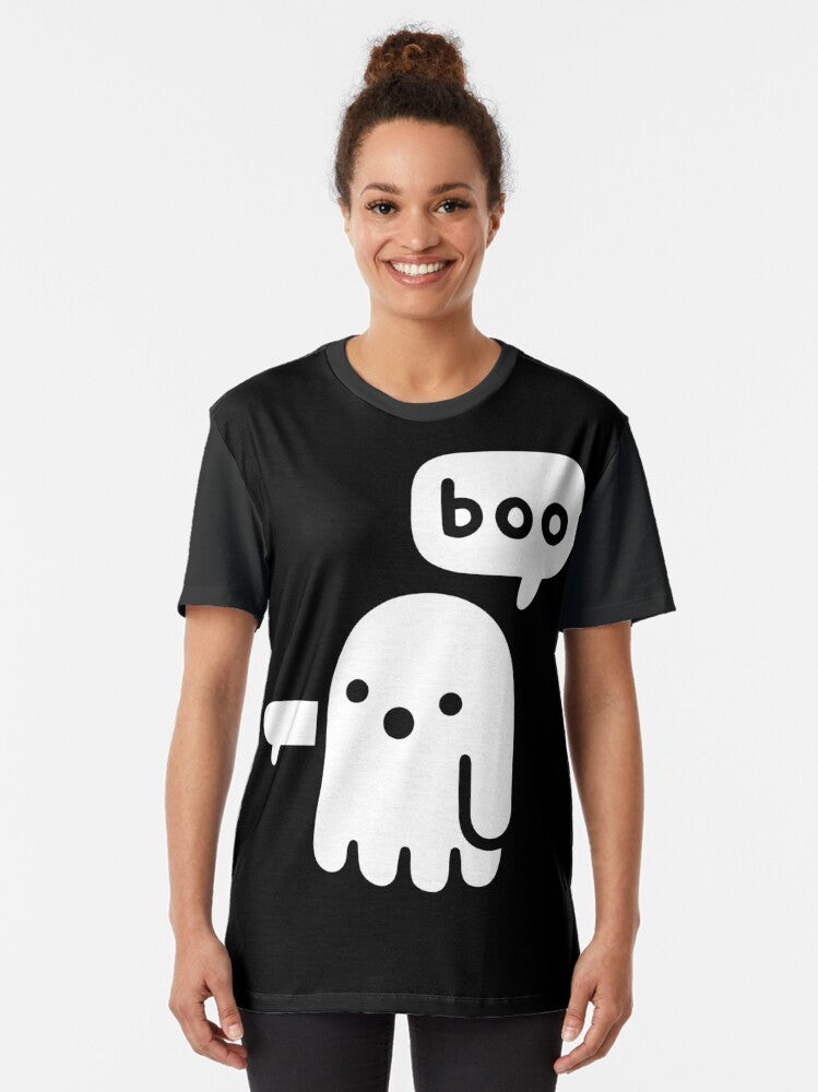 Ghostly Disapproval Graphic T-Shirt with a spirit wearing a sheet and giving a thumbs down - Women