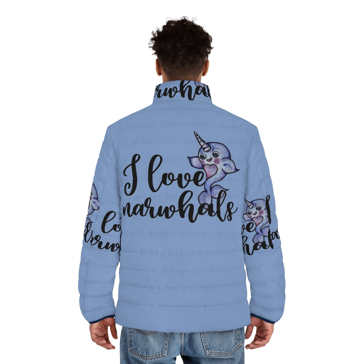 A purple puffer jacket with a cute narwhal design - men back