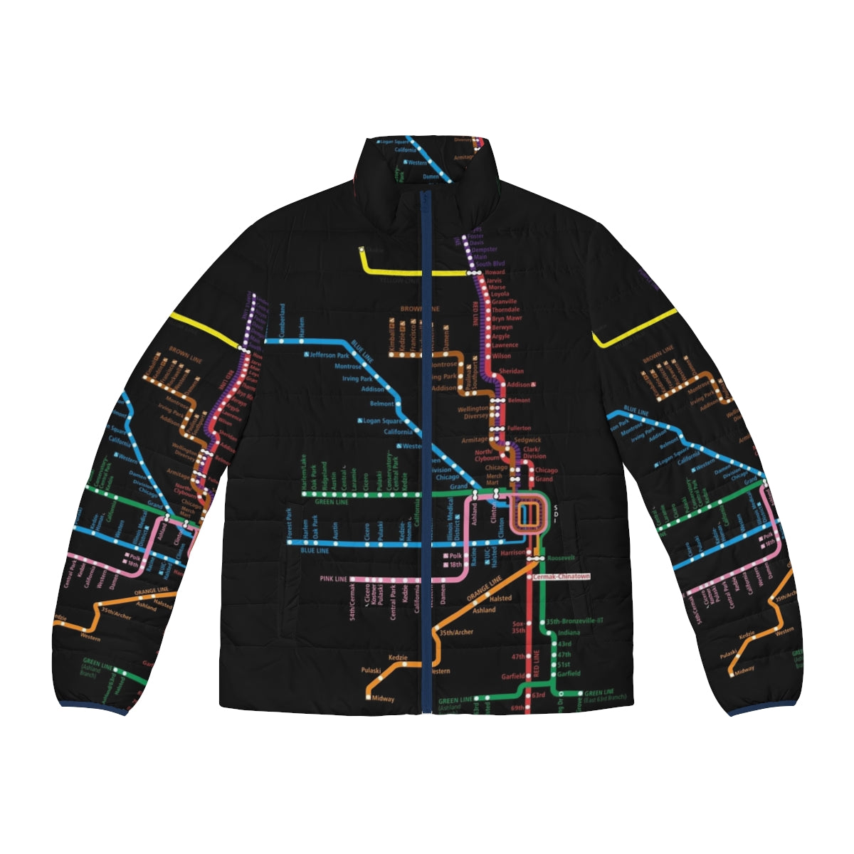 Puffer jacket featuring a Chicago CTA trains transit map design