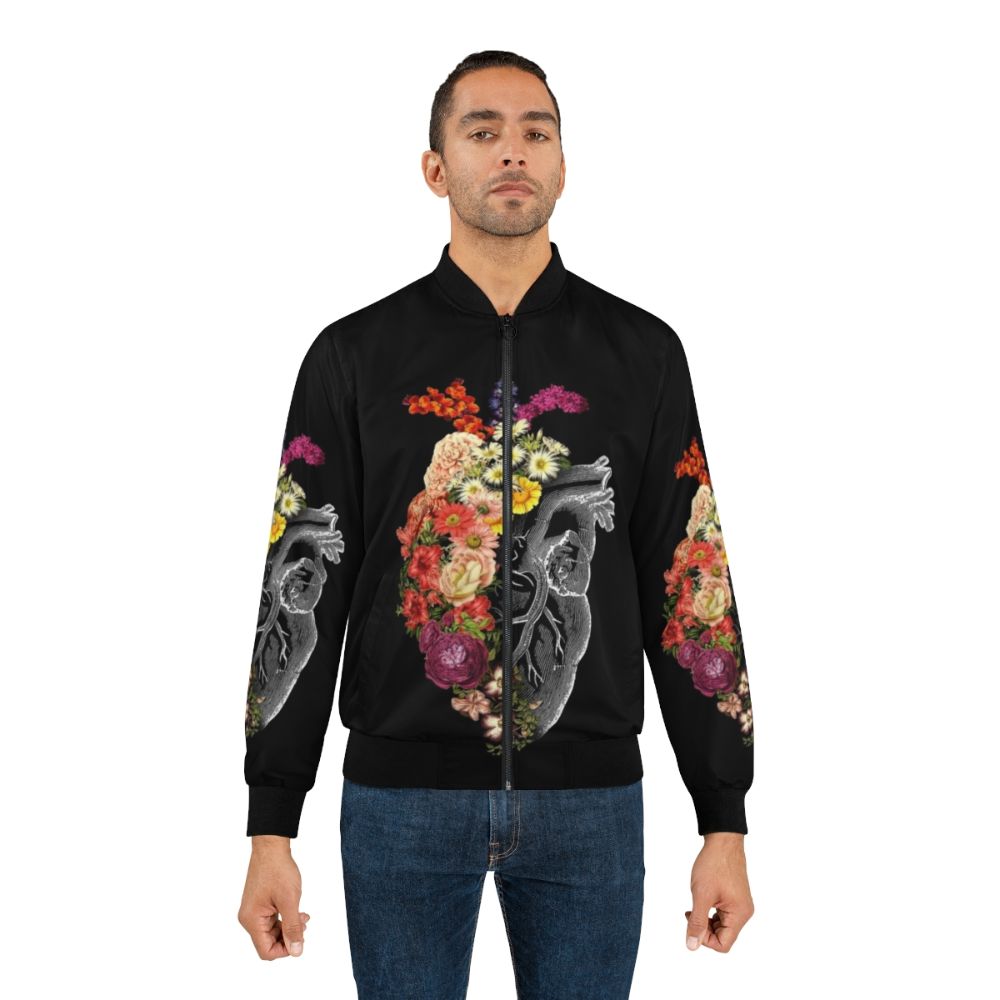 Flower Heart Spring Bomber Jacket featuring an anatomical heart design with floral elements. - Lifestyle