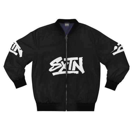 SXTN brand men's bomber jacket in black and white, featuring the brand's logo