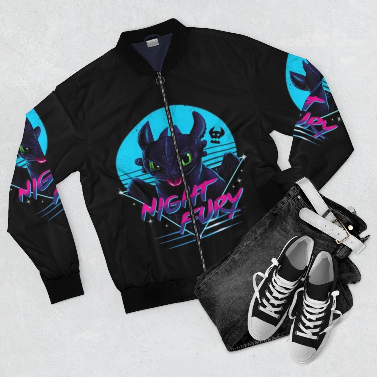 Toothless Night Fury bomber jacket from the movie How to Train Your Dragon - Flat lay