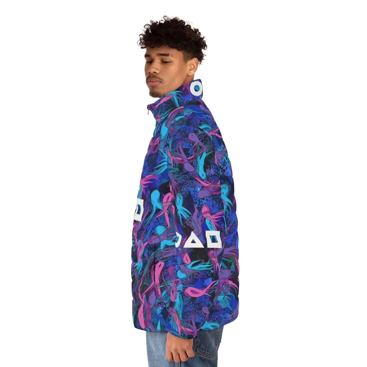 Squid Game Survival Pattern Puffer Jacket with Unique Graphic Design - men side left