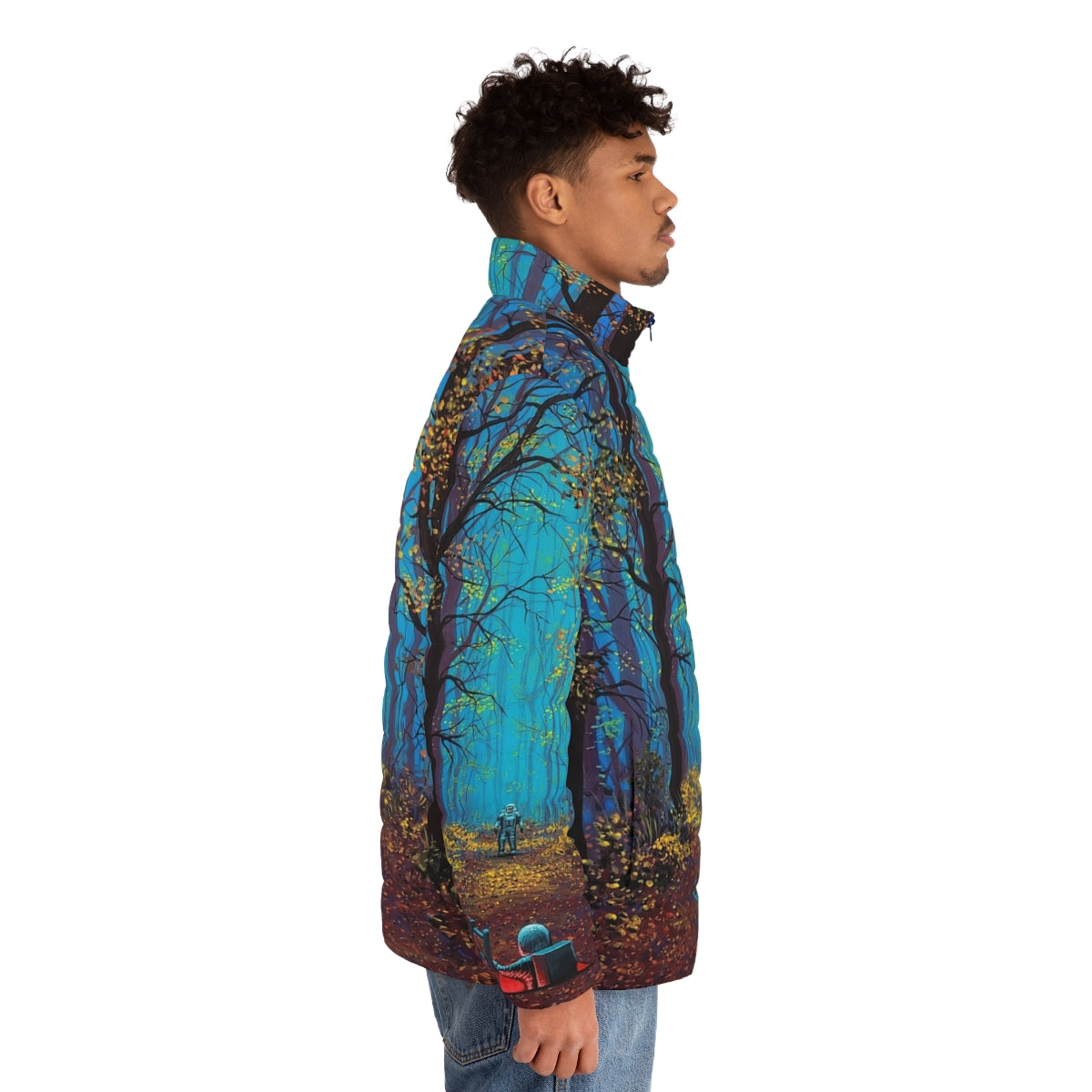 Puffer jacket featuring a space-themed, surreal, and psychedelic design - men side right