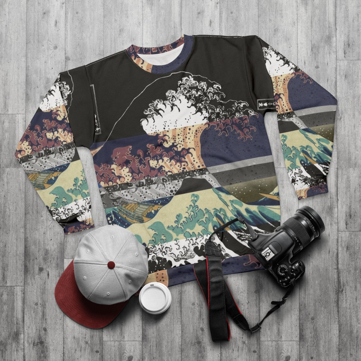 Glitch aesthetic Hokusai wave color sweatshirt - flat lay