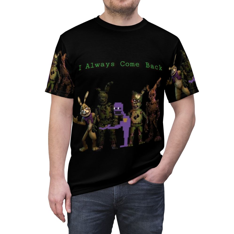 "FNAF-inspired AOP t-shirt featuring the 'Always Come Back' design" - men front