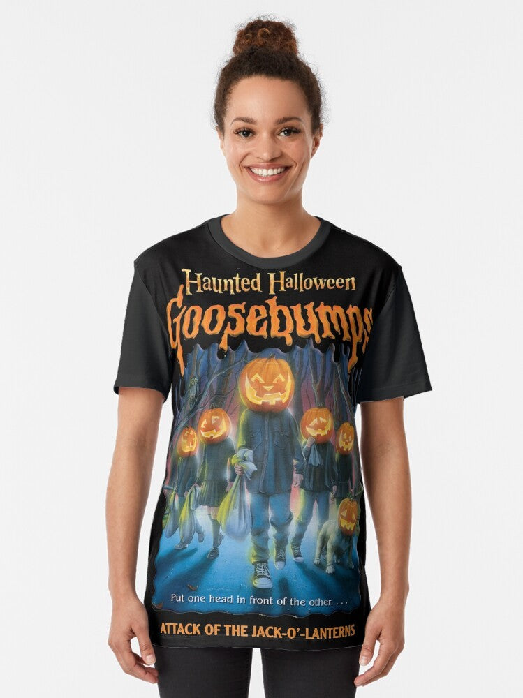 Haunted Halloween Goosebumps Graphic T-Shirt with jack-o-lantern and monster illustration - Women