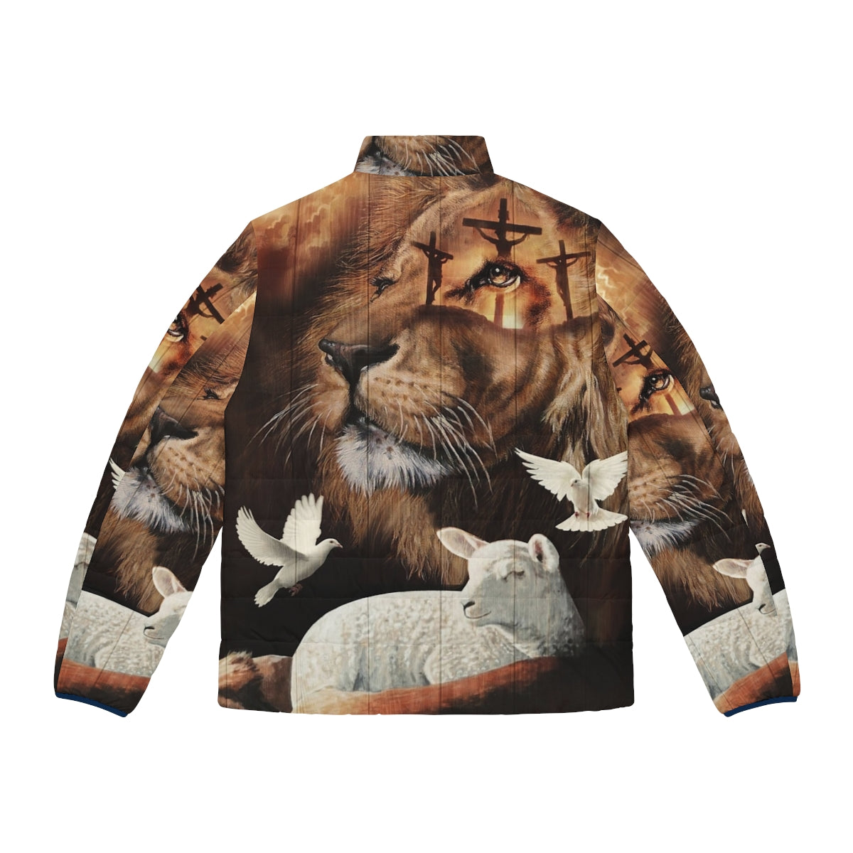 A puffer jacket featuring the Lion of Judah and the Lamb of God design - Back