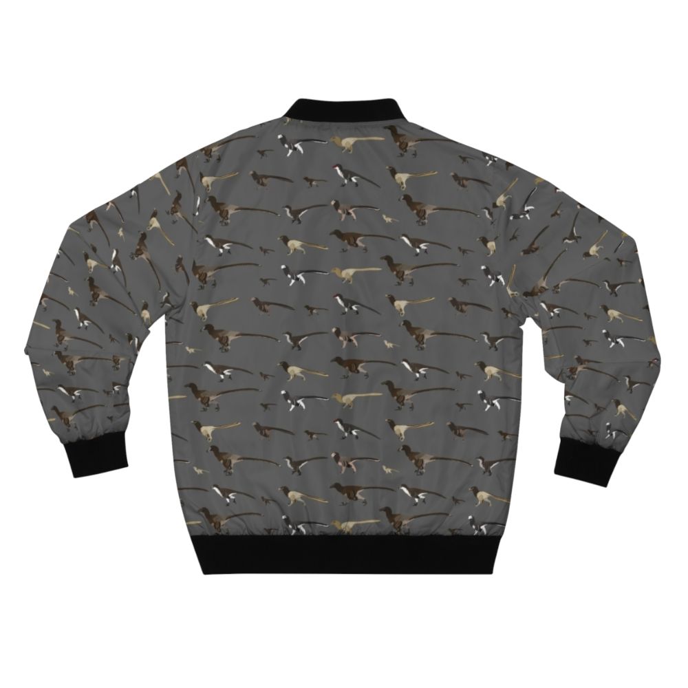 Dromaeosaur pattern bomber jacket with a velociraptor palaeoart design - Back