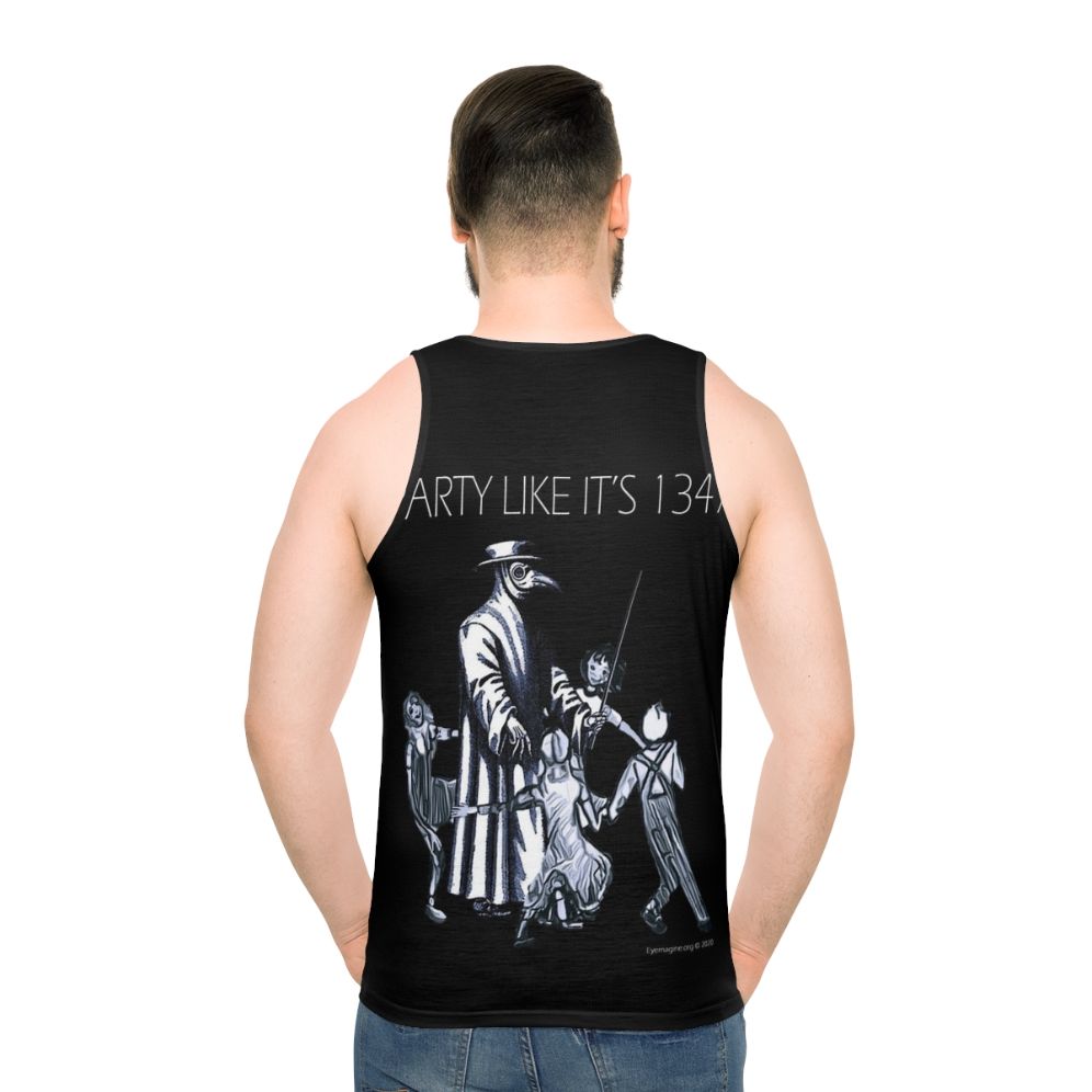 "Party Like It's 1347" unisex tank top featuring plague doctor design - men back