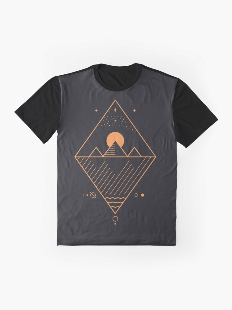 Osiris minimalist graphic t-shirt with line art design of stars, pyramids, and geometric shapes - Flat lay